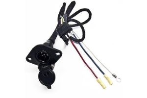 6-Pole Round Female Pin-Type Socket Plug (Vehicle End) to 4-Way Flat Male Trailer Connector with Polarized Plugs.